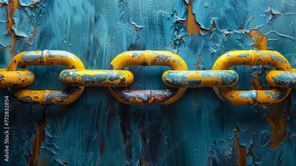 Close-up of a yellow and blue painted chain on a peeling background