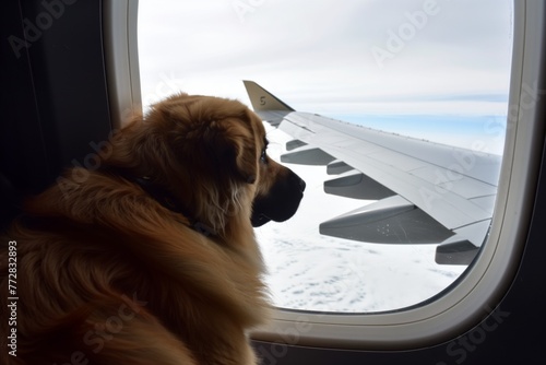 mastiff sitting by window, looking at the wing and sky at cruising altitude
