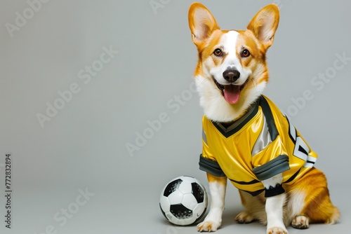 dog in football jersey sitting with a soccer ball between its paws photo