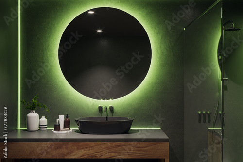 Fototapeta Naklejka Na Ścianę i Meble -  Modern bathroom with LED lighting, round mirror, and wooden elements. Refined style design. 3D Rendering