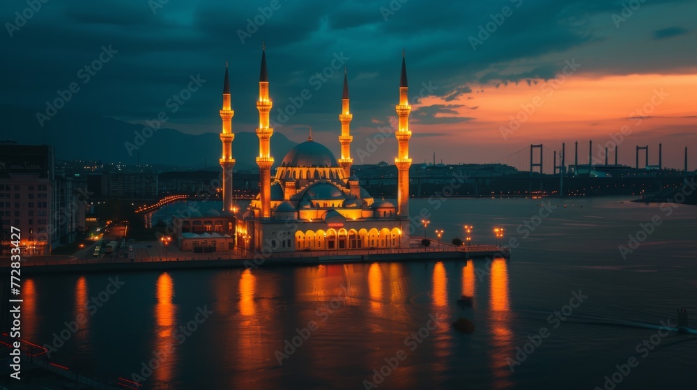 a city skyline with a blue mosque and a city in the background.