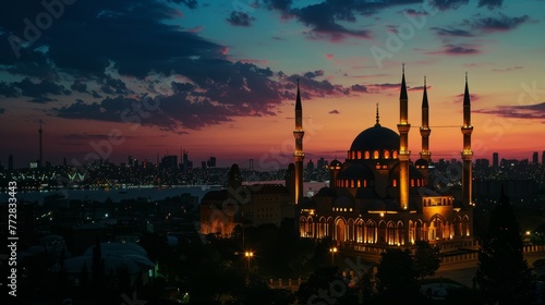 a city skyline with a blue mosque and a city in the background.