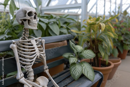 human skeleton seated on a bench in a greenhouse beside potted plants © Natalia