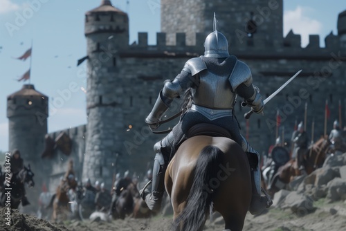 armored knight on horseback charging toward fortress © Natalia