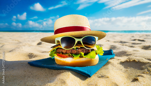 hamburger wearing shades and a sunhat on the beach
