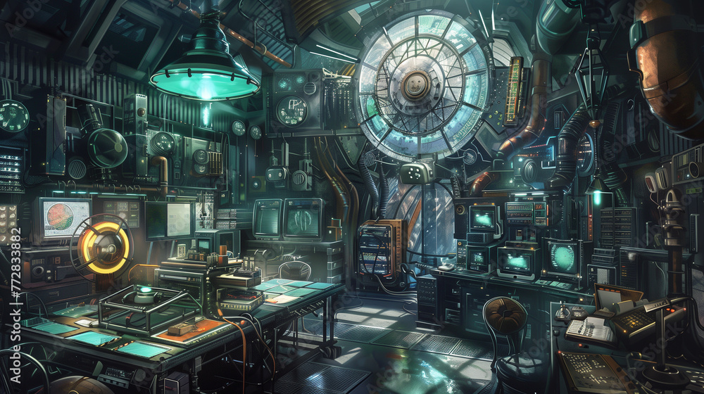 Futuristic Science Fiction Command Center Interior with High-Tech Equipment