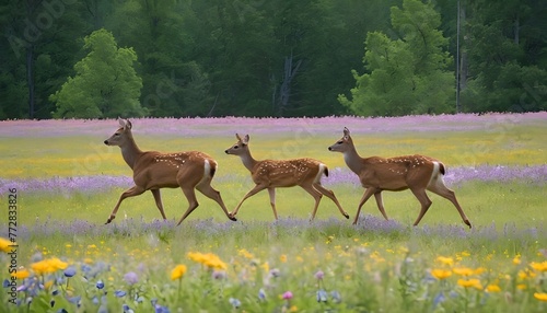 A Family Of Deer Crossing A Field Of Wildflowers © Darakhshan