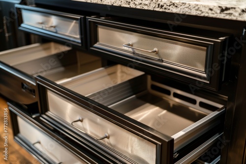 closeup of empty pantry drawers and organizers