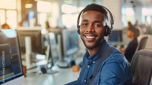 smiling call center operator wearing headset in front of computer