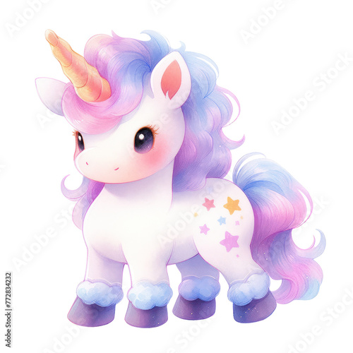 A cute unicorn with a pink and blue mane and a white horn