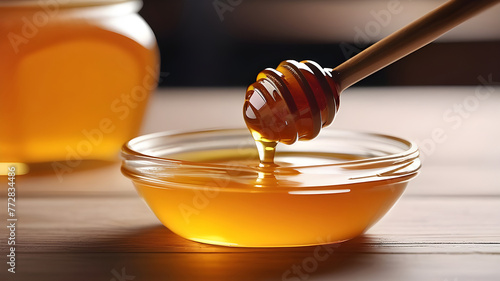 Honey with wooden honey dipper on wooden table