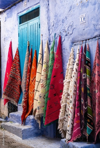 colourful carpets on the wall in the historic blue city of Chefchaouen in northern Morocco © makasana photo