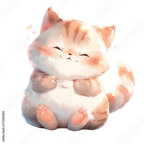 A cute cat is sitting on a white background with a smile on its face. The cat is fluffy and has a happy expression