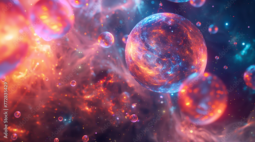 Naklejka premium Abstract Conceptual Digital Artwork of Glowing Orbs with Fiery Textured Background