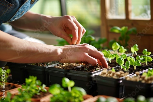 indoor shot of a gardener planting seeds in starter pots