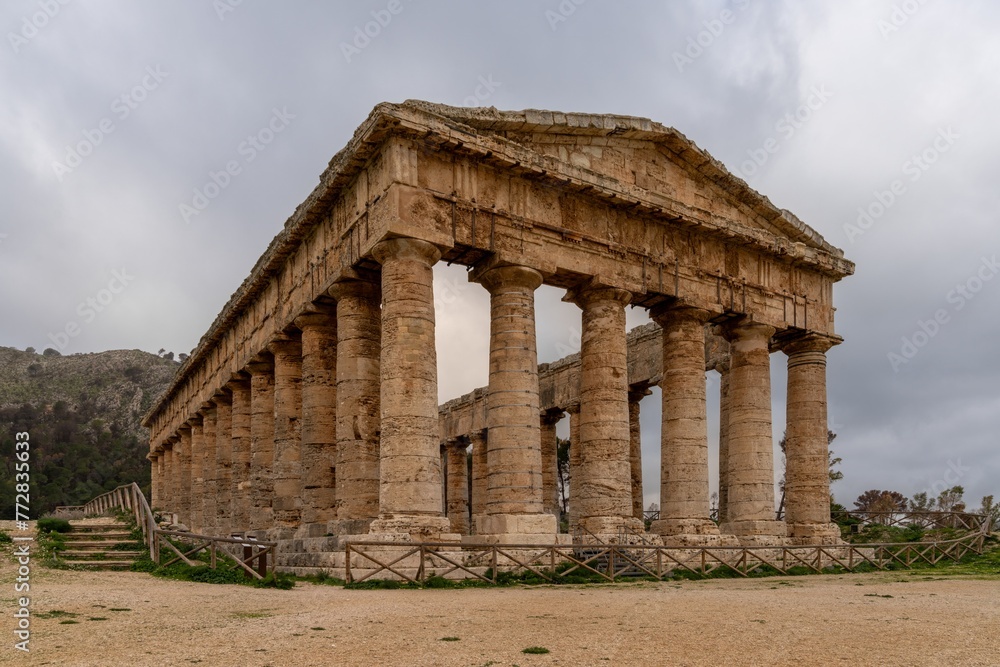 view of the Doric Temple of Segesta under an overcast sky