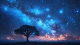 Silhouetted tree under a starry sky