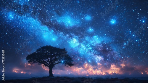 Silhouetted tree under a starry sky