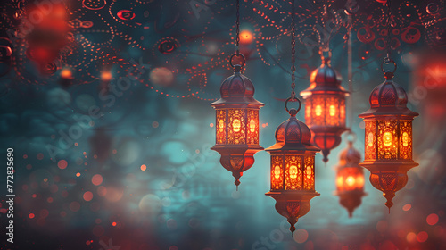 Arabic lantern of Ramadan celebration background illustration, generative Ai