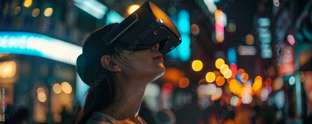 Woman experiencing virtual reality on city street at night