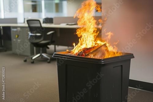 burning waste bin spreading fire in office corner © Natalia