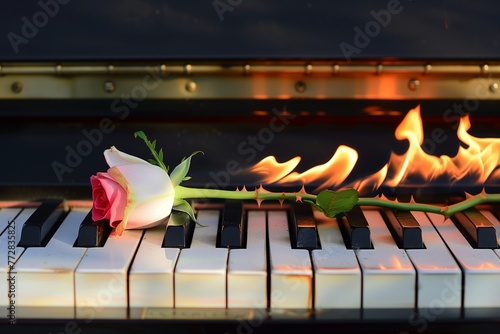 rose lying on piano keys with flames softly dancing along its length