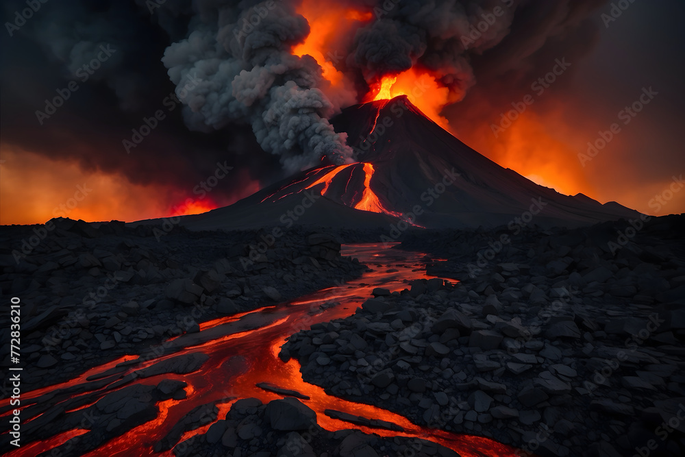 A landscape of a volcano eruption