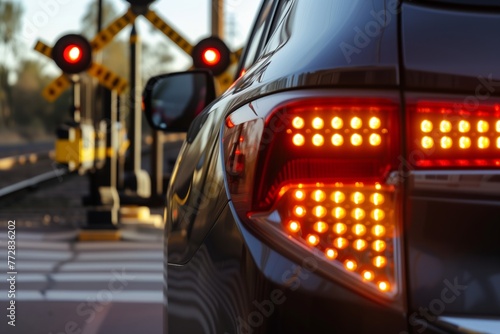 closeup of car brake lights at a rail crossing © Natalia