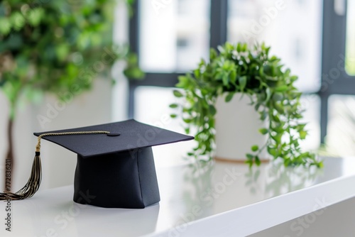 graduation cap next to a plant on a bright, white desk