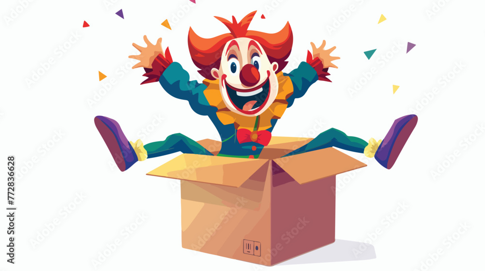 Cartoon clown jumping out of the box Flat vector isolated