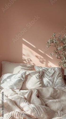 Cozy bedroom interior with morning sunlight