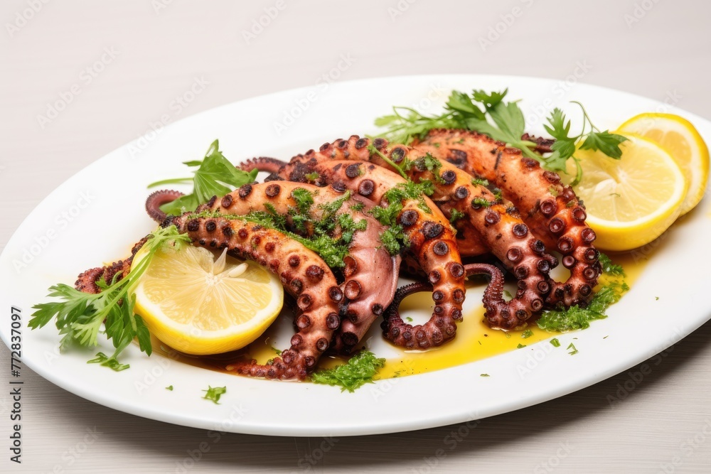 Grilled octopus with lemon and parsley on a white plate , food concept,Appetizing dish with grilled octopus and lemon, Ai generated Grilled octopus with lemon and parsley on a white plate , food concept,Appetizing dish with grilled octopus and lemon, Ai generated