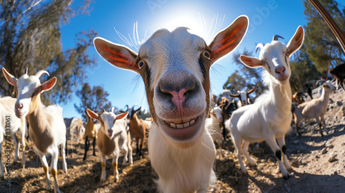 Zbliżenie na uśmiechnięte stado kóz