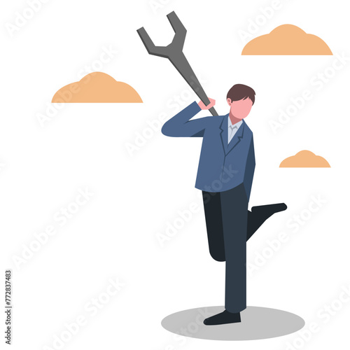 businessman holding key. fighting challenges, time, stress, boredom, strategy, concepts, analyzing, looking for ideas, solving problems, finances. suitable for business themes. flat vector illustratio
