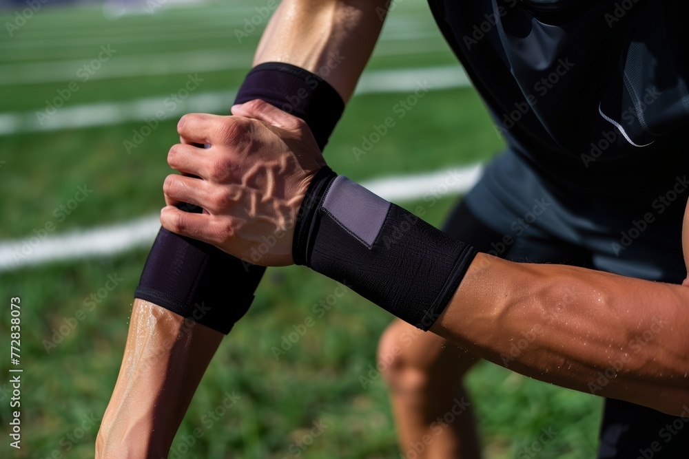 athlete applying compression sleeve to elbow, on field athlete applying compression sleeve to elbow, on field