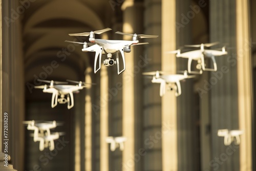 sleek, white drones flying in formation down a columned hallway photo