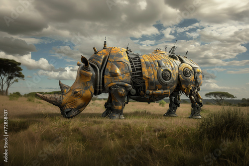 Mechanical cyborg rhinoceros in the african landscape, illustration with copy space of an endangered animal species   © DaliCeMedia
