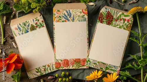 Spark joy in gardeners with a range of blank label seed packet envelope mockups, ideal for showcasing heirloom varieties and vibrant illustrations photo