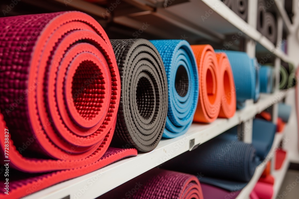 Fototapeta premium row of yoga mats rolled up on shelf