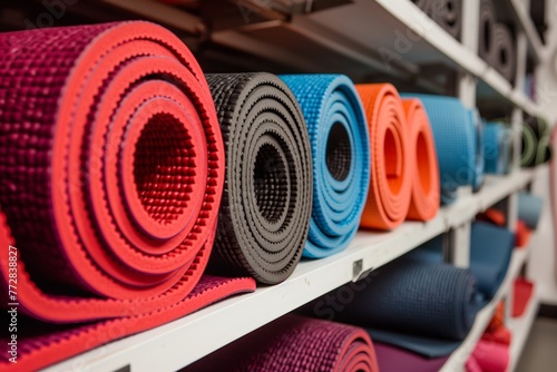 row of yoga mats rolled up on shelf photo