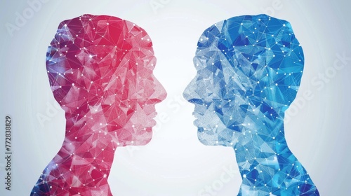 Two People Facing Each Other Against Blue and Red Background