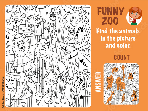 Find animals in zoo color and count. Game for kids. Children coloring. Puzzle with hidden objects. Funny cartoon characters. Vector illustration.