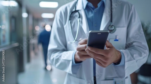 Doctor Using Cell Phone in Hospital Hallway