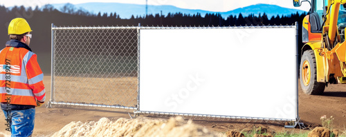 Builder looks at tractor standing near fencing mesh with place for ad. Man contemplates machinery role in project framed by fence awaiting advertiser touch.
