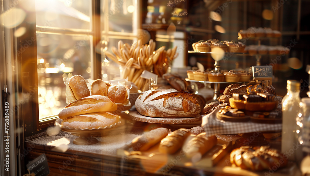 fresh baked goods and pastries, including baguettes, loaves of bread, cookies, and various cakes in a french bakery window