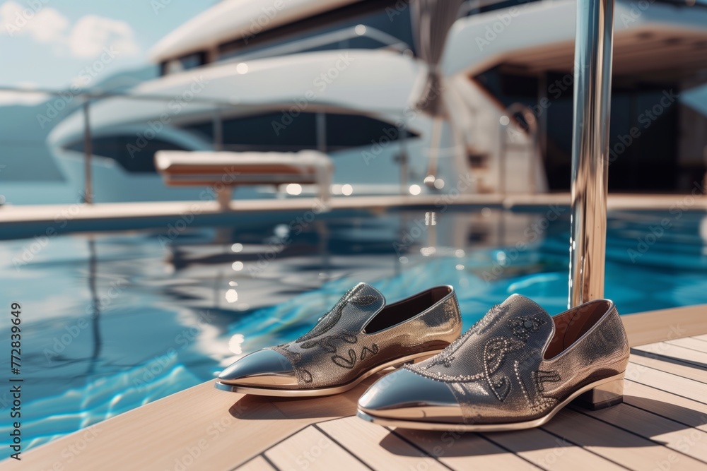 Fototapeta premium designer shoes by the poolside of a luxury yacht