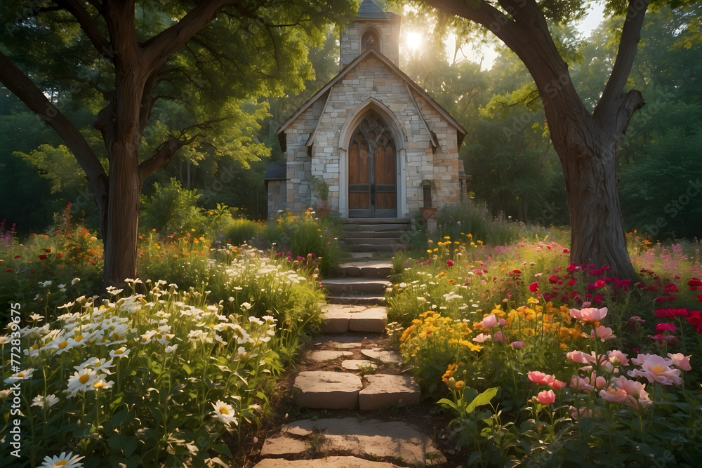 Obraz premium Flowers blooming with a church background