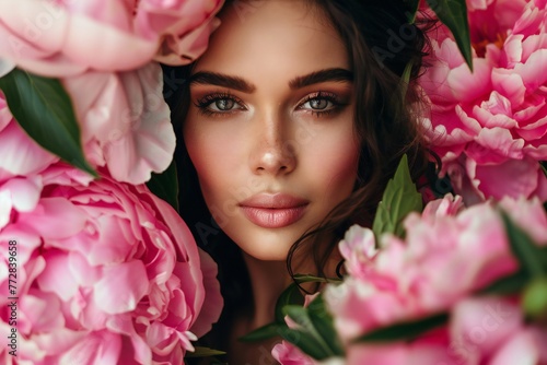 Beautiful woman on the background of a large peony flowers. Beauty summer model girl with pink peony. Young woman with elegant hairstyle and makeup. Fashion photo