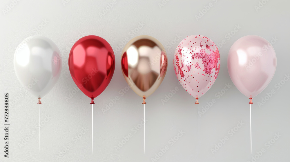 A selection of colorful balloons with different hues and speckle patterns including pink and metallic tones on a soft background A selection of colorful balloons with different hues and speckle patterns including pink and metallic tones on a soft background