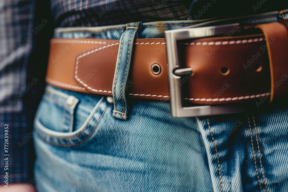 leather belt on a mans waist with jeans - obrazy, fototapety, plakaty 